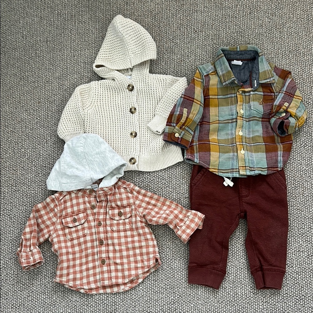 Gap Plaid Shirt and Burgundy Pants Outfit 6-12 mo baby boy